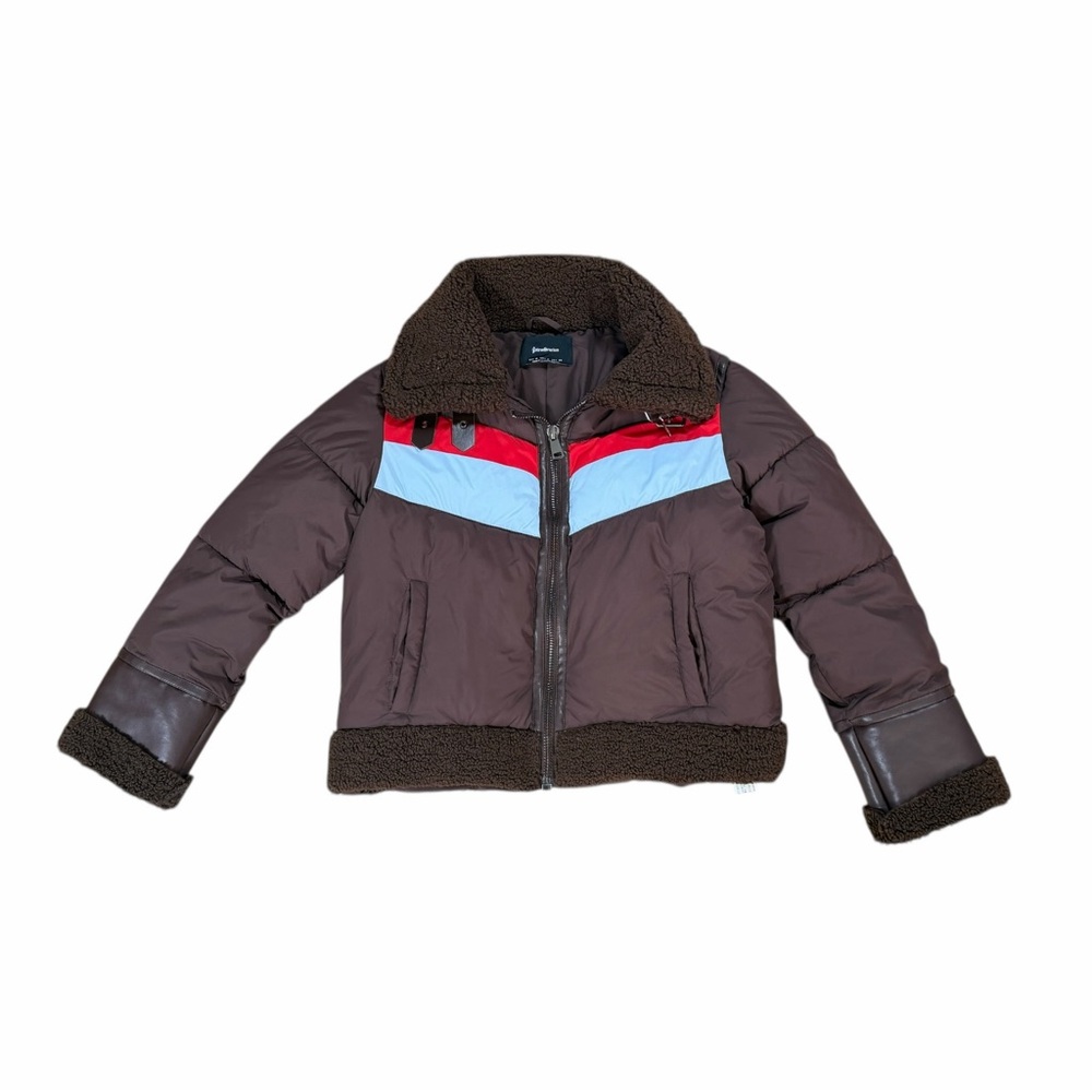 Stradivarius Brown Puffer Jacket with Red & Light Blue Accents